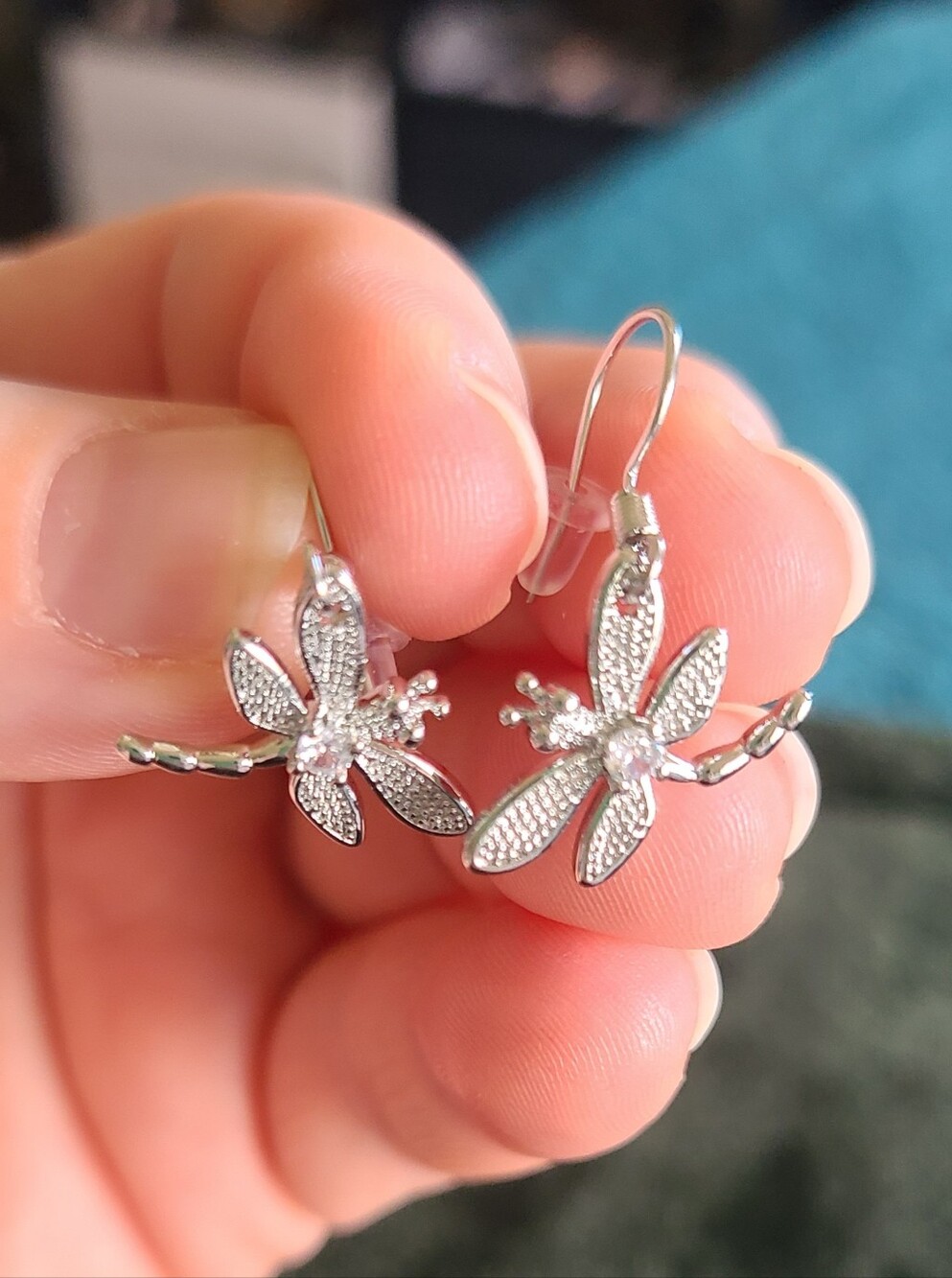 Silver Dragonfly Dangle Earrings With Accent Crystal
